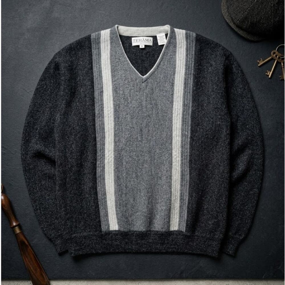 Tehama Clint Mens M 80% Baby Alpaca Wool Blend Sweater V-Neck Colorblock Knit
